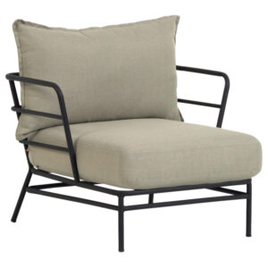 B&eacute;žov&eacute; l&aacute;tkov&eacute; zahradn&iacute; křeslo Kave Home Mareluz s černou podnož&iacute;