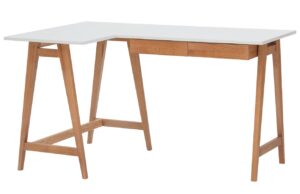 B&iacute;l&yacute; lakovan&yacute; rohov&yacute; pracovn&iacute; stůl RAGABA LUKA 135 x 85 cm s dubovou podnož&iacute;