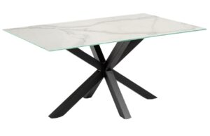 B&iacute;l&yacute; porcel&aacute;nov&yacute; j&iacute;deln&iacute; stůl Kave Home Argo 180 x 100 cm s černou podnož&iacute;