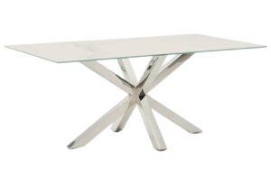 B&iacute;l&yacute; porcel&aacute;nov&yacute; j&iacute;deln&iacute; stůl Kave Home Argo 180 x 100 cm s nerezovou podnož&iacute;
