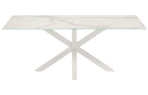 B&iacute;l&yacute; porcel&aacute;nov&yacute; j&iacute;deln&iacute; stůl Kave Home Argo 200 x 100 cm s b&iacute;lou podnož&iacute;