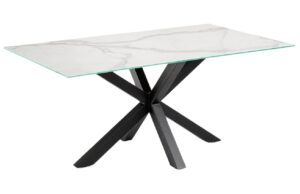 B&iacute;l&yacute; porcel&aacute;nov&yacute; j&iacute;deln&iacute; stůl Kave Home Argo 200 x 100 cm s černou podnož&iacute;
