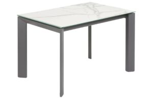 B&iacute;l&yacute; porcel&aacute;nov&yacute; rozkl&aacute;dac&iacute; j&iacute;deln&iacute; stůl Kave Home Axis II. 120/180 x 80 cm s tmavou podnož&iacute;