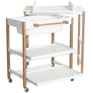 B&iacute;l&yacute; přebalovac&iacute; pult s vaničkou Quax Smart s bukovou podnož&iacute; 82 x 91 cm