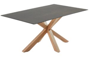 Čern&yacute; porcel&aacute;nov&yacute; j&iacute;deln&iacute; stůl Kave Home Argo 160 x 90 cm s př&iacute;rodn&iacute; kovovou podnož&iacute;