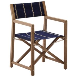 Dřevěn&aacute; zahradn&iacute; skl&aacute;dac&iacute; židle Kave Home Vilara s modro-b&iacute;l&yacute;m sed&aacute;kem