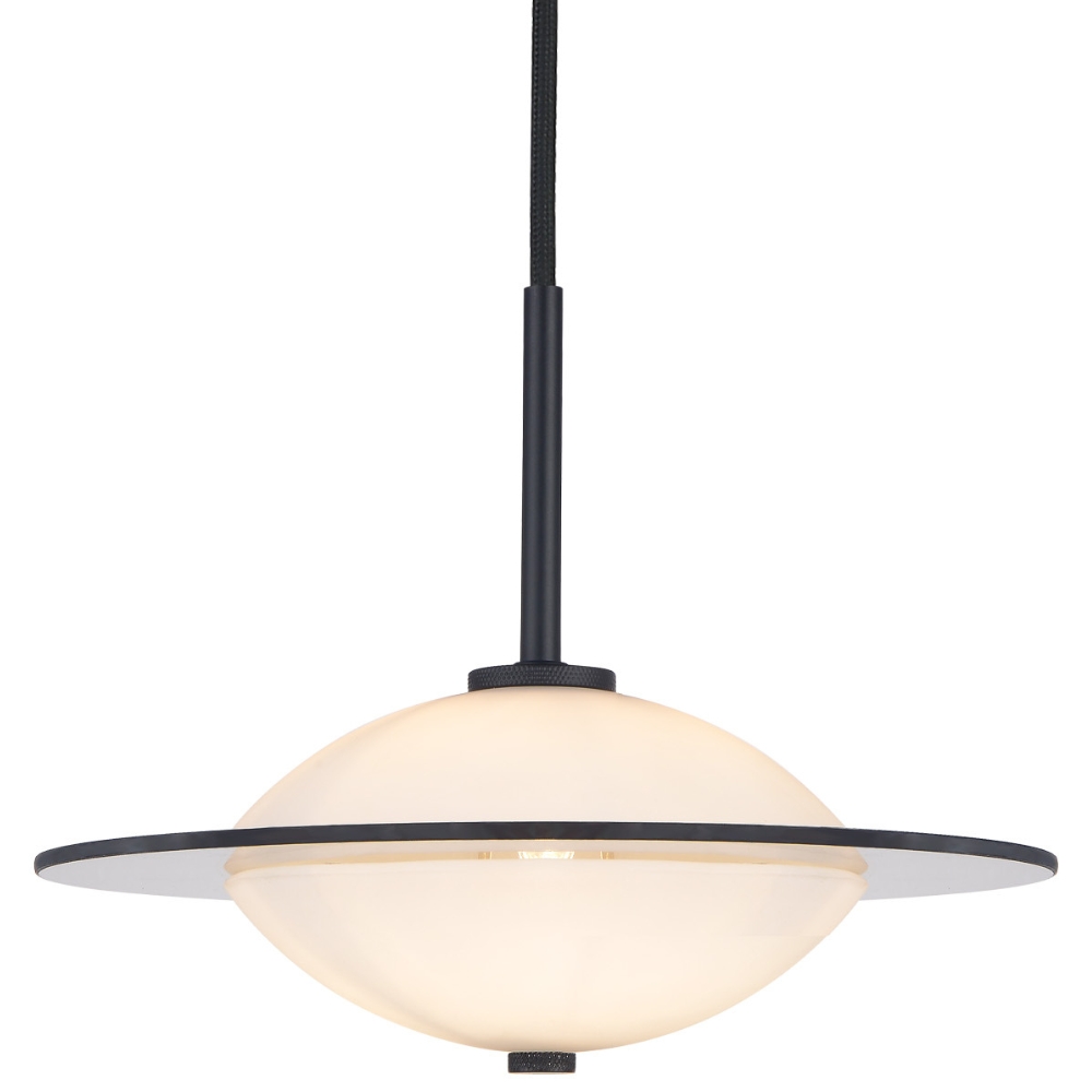 Halo Design Opálově bílé skleněné závěsné světlo Orbit 24 cm s černým zavěšením