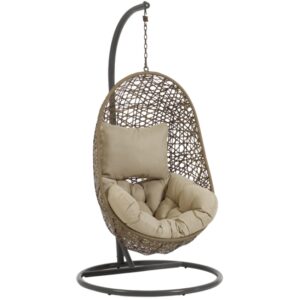 Hněd&eacute; z&aacute;věsn&eacute; křeslo z uměl&eacute;ho ratanu Kave Home Florina s tmavě &scaron;edou konstrukc&iacute;