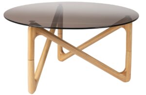 Hněd&yacute; skleněn&yacute; konferenčn&iacute; stolek DUTCHBONE NAIA 80 cm s př&iacute;rodn&iacute; podnož&iacute;