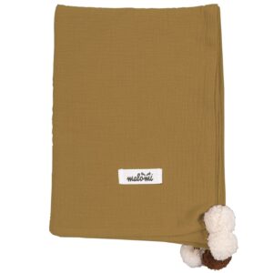 Malomi Kids Hořčicově žlut&aacute; mu&scaron;el&iacute;nov&aacute; zavinovac&iacute; plenka Pompon 100 x 140 cm