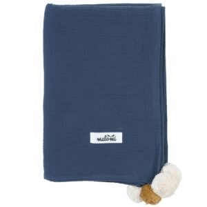 Malomi Kids Tmavě modr&aacute; mu&scaron;el&iacute;nov&aacute; zavinovac&iacute; plenka Pompon 100 x 140 cm