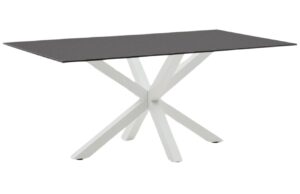 Matně čern&yacute; skleněn&yacute; j&iacute;deln&iacute; stůl Kave Home Argo II. 200 x 100 cm s b&iacute;lou kovovou podnož&iacute;