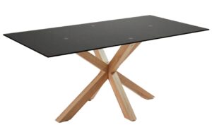 Matně čern&yacute; skleněn&yacute; j&iacute;deln&iacute; stůl Kave Home Argo II. 200 x 100 cm s př&iacute;rodn&iacute; kovovou podnož&iacute;