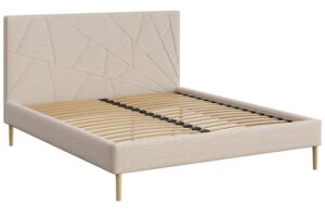 Mesonica Světle b&eacute;žov&aacute; čalouněn&aacute; dvoulůžkov&aacute; postel Alano 160 x 200 cm s geometrick&yacute;m pro&scaron;&iacute;v&aacute;n&iacute;m