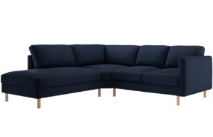 Micadoni Tmavě modr&aacute; sametov&aacute; rohov&aacute; pohovka Eden 267 cm