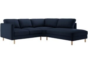 Micadoni Tmavě modr&aacute; sametov&aacute; rohov&aacute; pohovka Eden 267 cm