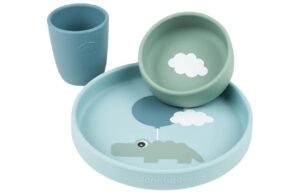 Modro-zelen&aacute; silikonov&aacute; j&iacute;deln&iacute; sada Done by Deer Happy clouds