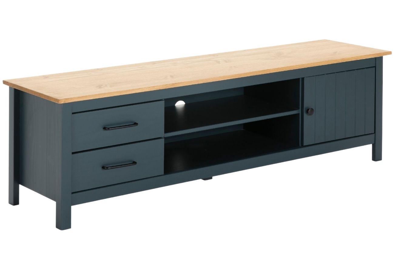 Modrošedý borovicový TV stolek Marckeric Miranda 158 x 40 cm