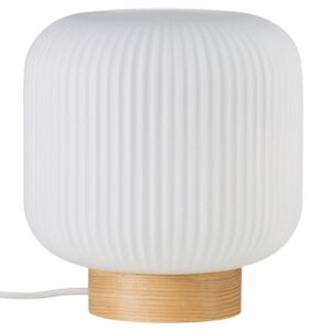 Nordlux Op&aacute;lově b&iacute;l&aacute; skleněn&aacute; stoln&iacute; lampa Milford s dřevěnou podstavou