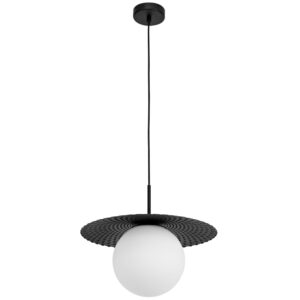 Op&aacute;lově b&iacute;l&eacute; skleněn&eacute; z&aacute;věsn&eacute; světlo Nova Luce Obbit 38 cm s čern&yacute;m zavě&scaron;en&iacute;m