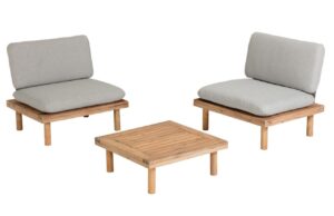 Set dvou &scaron;ed&yacute;ch l&aacute;tkov&yacute;ch zahradn&iacute;ch křesel a stolku Kave Home Viridis