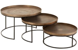 Set tř&iacute; mosazn&yacute;ch konferenčn&iacute;ch stolků J-Line Rusty 80 / 70 / 60 cm