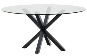 Skleněn&yacute; j&iacute;deln&iacute; stůl Kave Home Argo 150 cm s černou kovovou podnož&iacute;