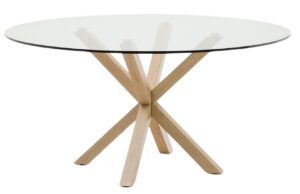 Skleněn&yacute; j&iacute;deln&iacute; stůl Kave Home Argo 150 cm s př&iacute;rodn&iacute; kovovou podnož&iacute;