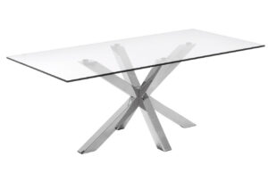 Skleněn&yacute; j&iacute;deln&iacute; stůl Kave Home Argo 200 x 100 cm s nerezovou podnož&iacute;