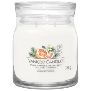 Středn&iacute; vonn&aacute; sv&iacute;čka Yankee Candle White Spruce & Grapefruit Signature