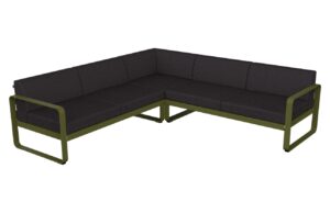 Tmavě &scaron;ed&aacute; zahradn&iacute; rohov&aacute; pohovka Fermob Bellevie 231 cm se zelenou podnož&iacute;