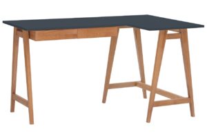 Tmavě &scaron;ed&yacute; lakovan&yacute; rohov&yacute; pracovn&iacute; stůl RAGABA LUKA 135 x 85 cm s dubovou podnož&iacute;