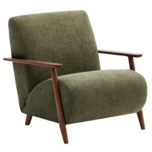 Zelen&eacute; čalouněn&eacute; křeslo Kave Home Meghan s hnědou podnož&iacute;