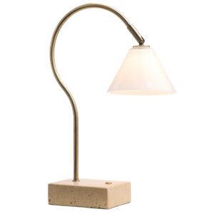 Halo Design Mosazn&aacute; nab&iacute;jec&iacute; stoln&iacute; LED lampa Question 31 cm s travertinovou podstavou