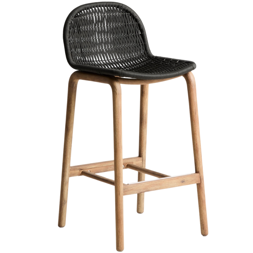 Kave Home Dřevěná zahradní barová židle Alipa 75 cm s tmavě šedým výpletem