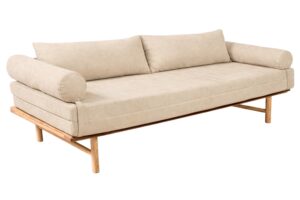 Woodman Kr&eacute;mově b&iacute;l&aacute; rozkl&aacute;dac&iacute; pohovka Le MAR 201 cm s dřevěnou podnož&iacute;