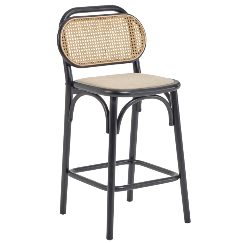 Kave Home Černá dubová barová židle Doriane s ratanovým opěradlem 65 cm