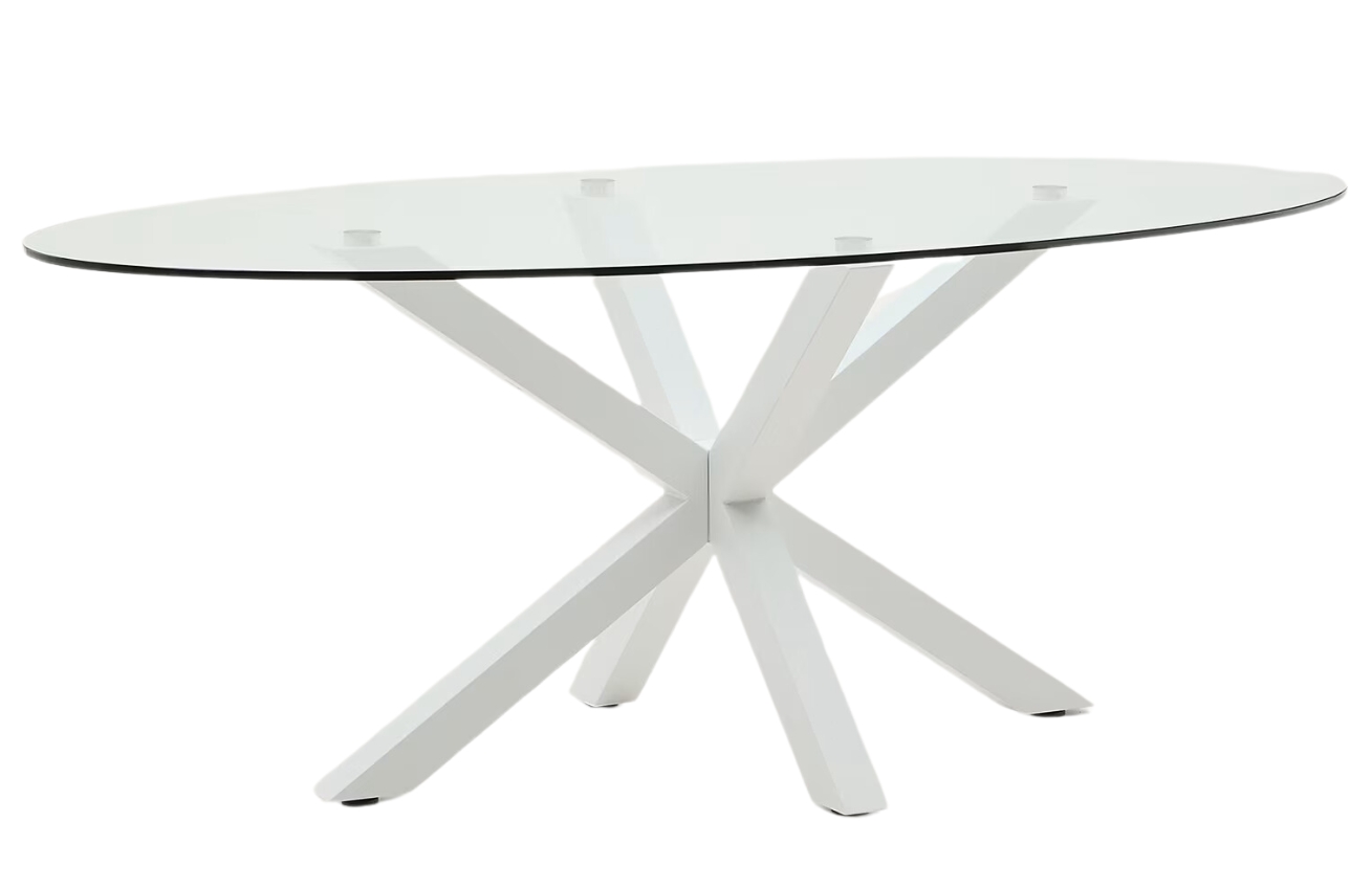 Kave Home Skleněný jídelní stůl Argo 200 x 100 cm s bílou kovovou podnoží